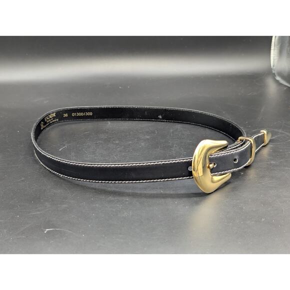 Vintage ESCADA Western Germany Black Leather Belt Solid Brass Buckle Size 36 main image 7